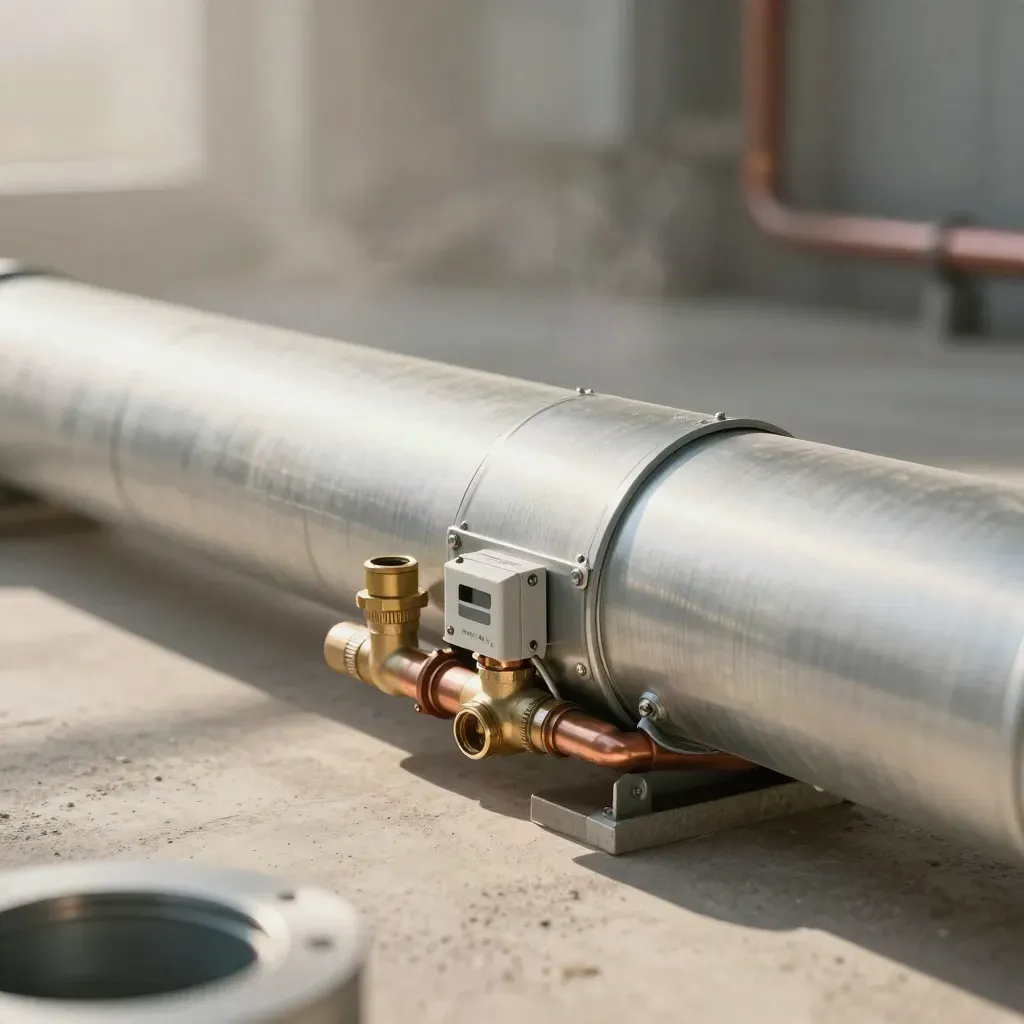 Duct HVAC con tubi di rame e modulo di controllo su cemento chiaro, con vapore freddo.