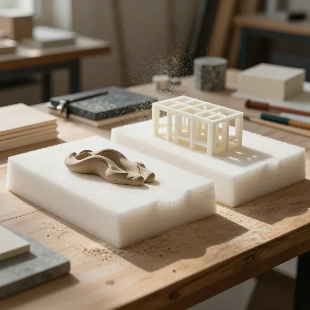 Prototipi di workshop design su tavolo in legno con polvere di carteggiatura in aria