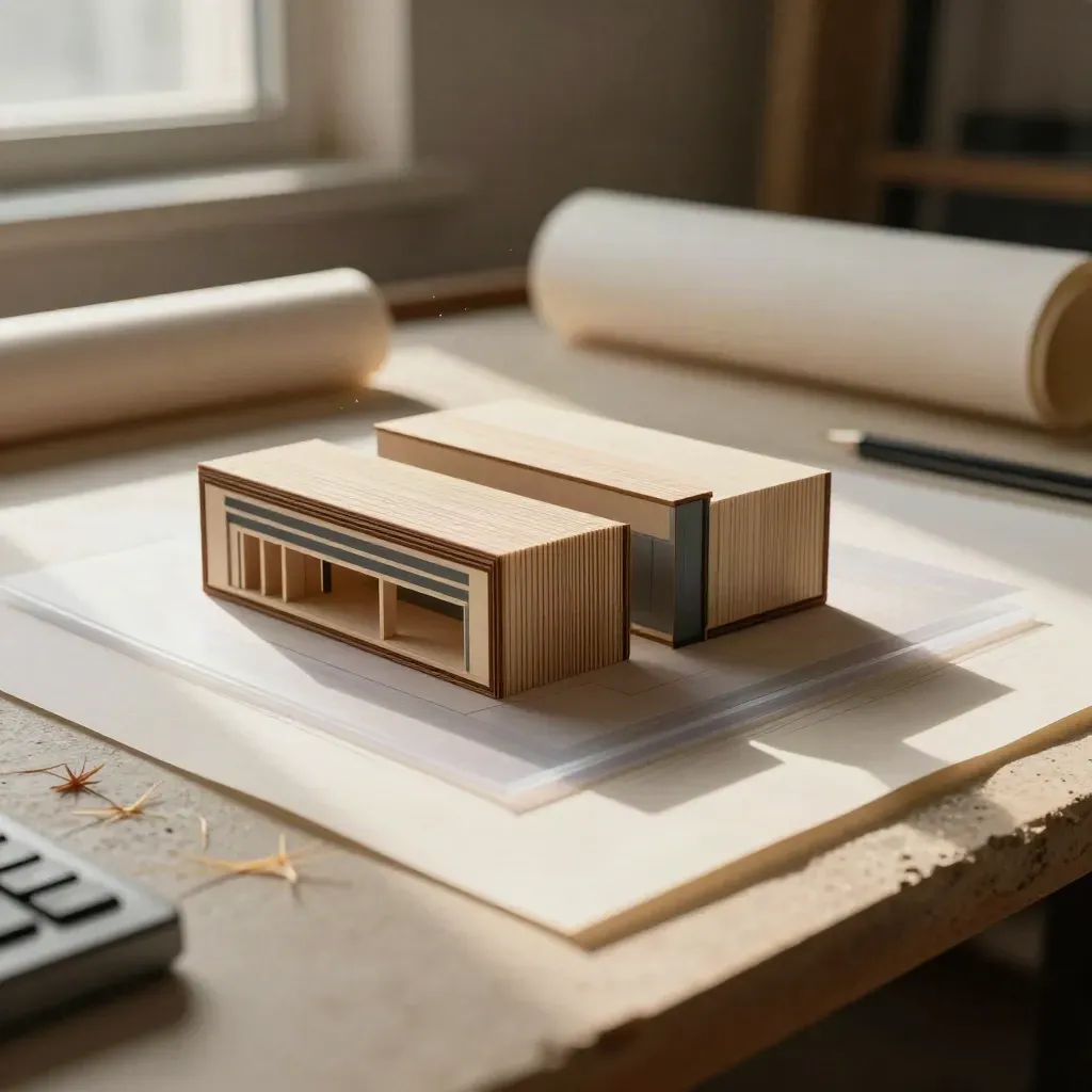 Modello architettonico laser-cut, fogli traslucidi e rotoli di tracing su banco in pietra
