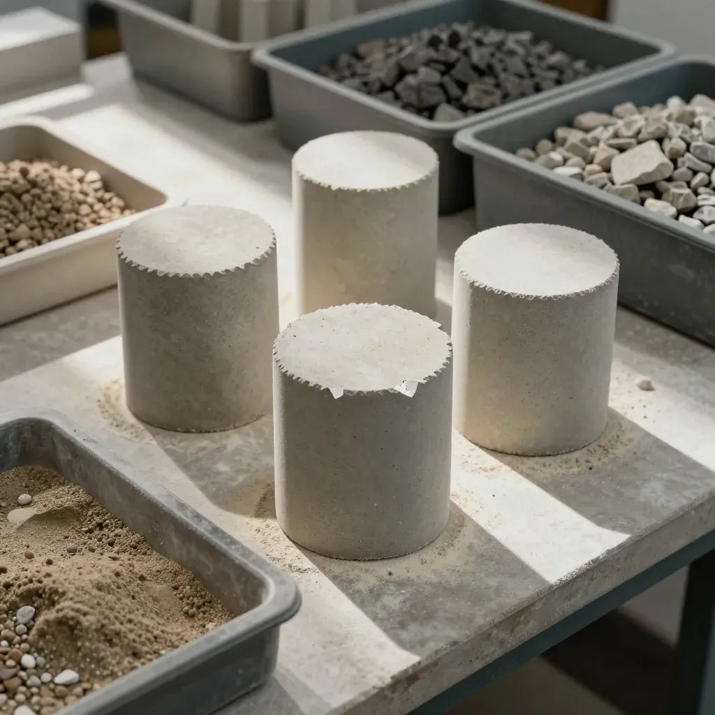 Banco di laboratorio con cilindri in calcestruzzo, frammenti ceramici e sabbia in luce drammatica.