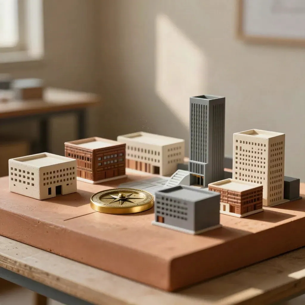 Modelli di edifici attorno a un disco in ottone, luce calda e polvere in un atelier.