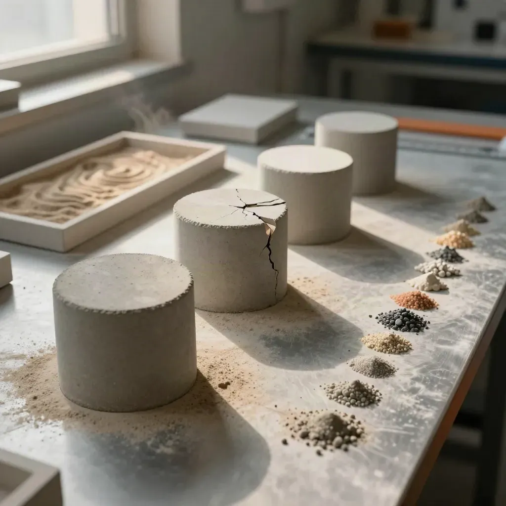 Cilindri di calcestruzzo, campione ceramico e sabbia su banco da laboratorio, vista dall’alto.