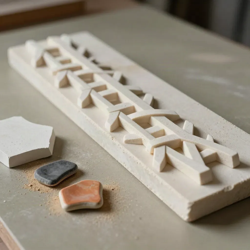 Lattice architettonica stampata in 3D con campioni materiali su lastra di pietra chiara