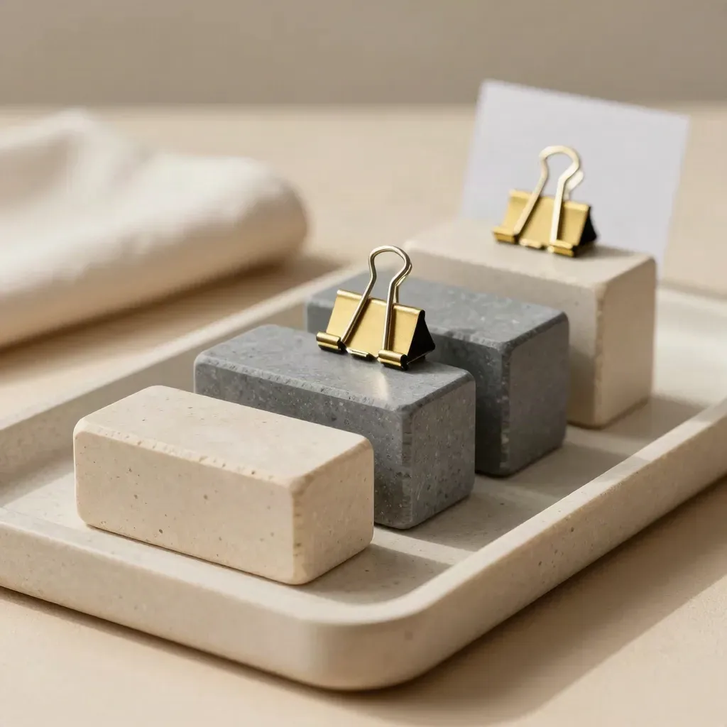 Blocchi corso su vassoio in pietra con clip in ottone e texture minimal