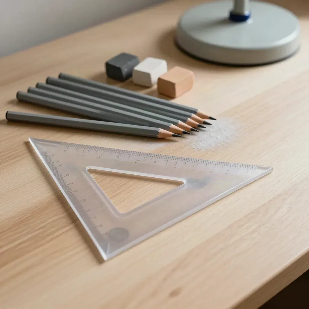 Triangolo da disegno, matite, campioni ceramici e base lampada su legno chiaro.