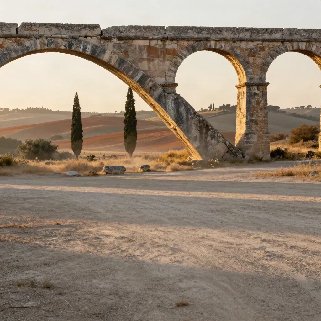 Aquedotto romano nel paesaggio laziale con cipressi e campi dorati in luce soffusa